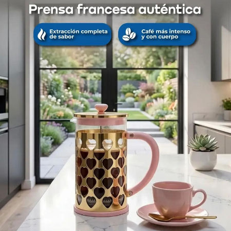 CAFETERA FRANCESA VIDRIO CORAZONES CAFE-1043 SKU 1633 1000ML ROS/DOR